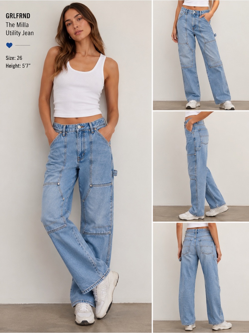GRLFRND The Milla Utility Jean Size 26 Light Wash Double Cargo Carpenter jeans